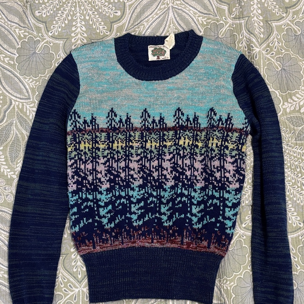 Navy Multicolor sparkly vintage tree sweater xs ARPEJA 70’s